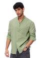 The Souled Store Solids: Light Green Men and Boys Long Sleeves Mandarin Collared Neck Button Front Regular Fit Cotton Linen Shir