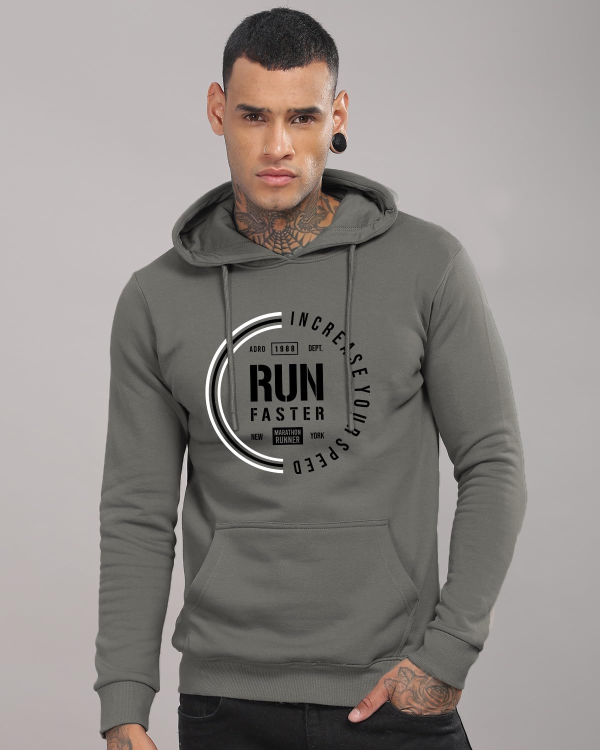 ADRO Men's Cotton Neck Hooded Sweatshirt (H24-FAST-SG_Steel Grey