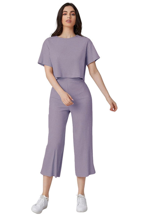 Leriya Fashion Women Co Ord Set | Ribbed Pajama Set | Casual Wear Pant Top Set | Fancy Co-Ord Set | Pack Of 2 | Drop Shoulder Kn