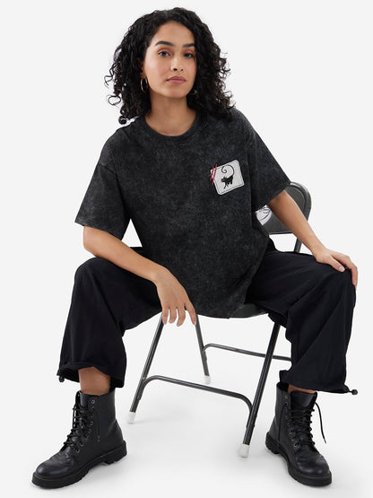 The Souled Store Official Catwoman: Meaow Women and Girls Short Sleeves Round Neck Black Graphic Printed Cotton Oversized T-Shir
