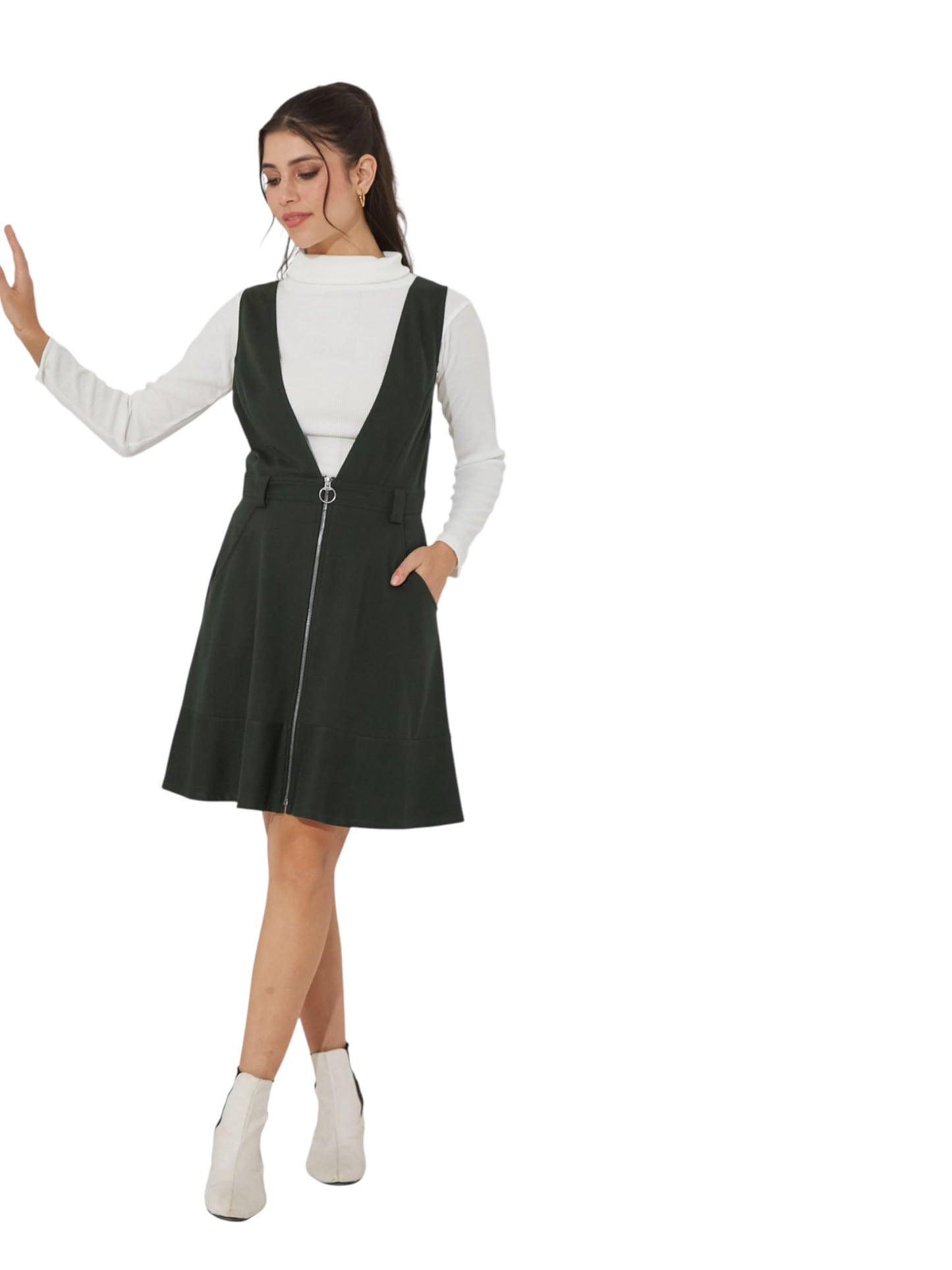 Miss Chase Polyester Pinafore Dress With Zipper Detail And Side Pockets (Mcaw25D16-95-168-06, Bottle Green, Xl)