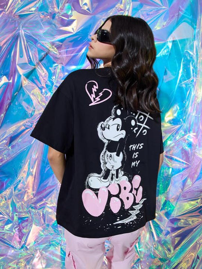 The Souled Store Official Mickey Mouse: Graffiti Women and Girl Short Sleeve Round Neck Oversized Fit T-Shirts Black