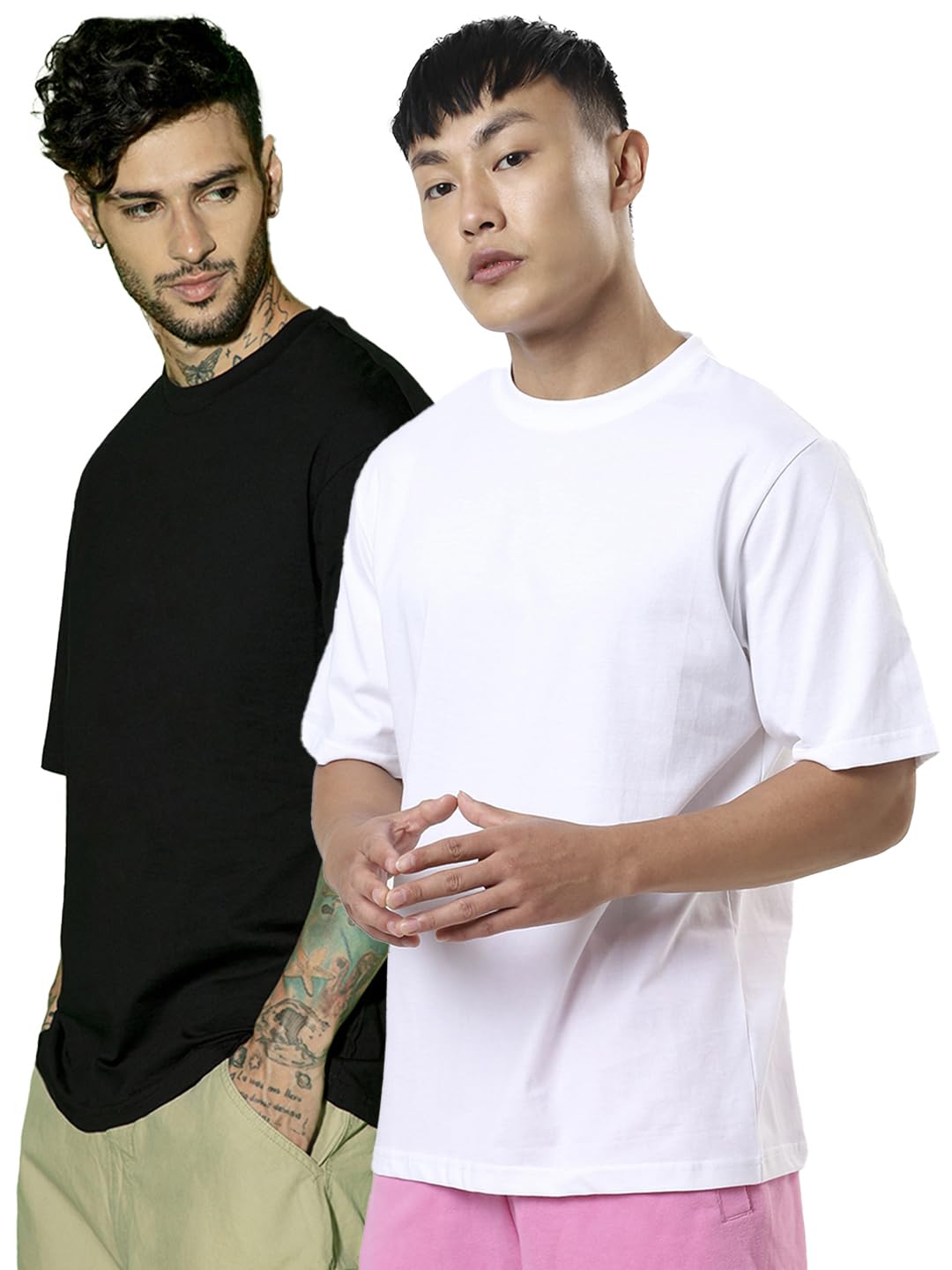 Bewakoof Mens Solid Oversized Fit Half Sleeve Round Neck Cotton T-Shirt (Pack of 2)_A1-439420-439421_White & Black_XL