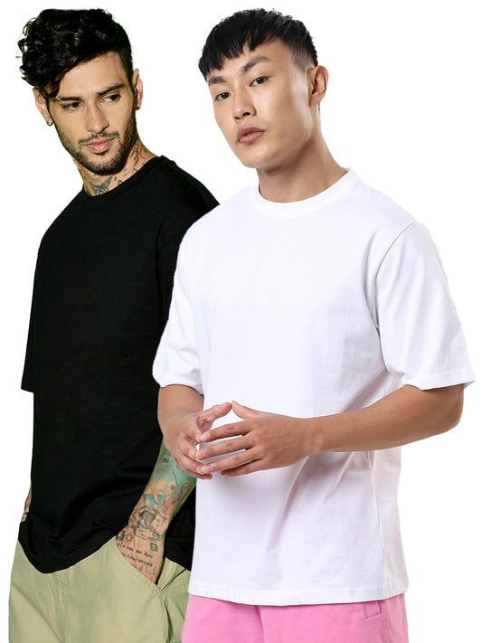 Bewakoof Mens Solid Oversized Fit Half Sleeve Round Neck Cotton T-Shirt (Pack of 2)_A1-439420-439421_White & Black_XL