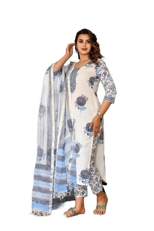 Yashika Women's Trendy Cotton Blend Straight Kurta Pant Dupatta Set with Elegant Prints - Versatile Ethnic Ensemble for Casual & Festive Occasions