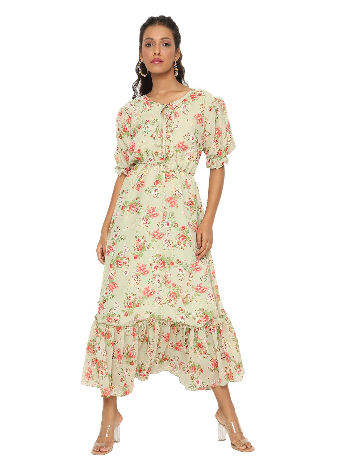 Avanova Georgette Pista Green Round Neck Maxi Western Dresses For Women (Dress 81 Pista Xl)