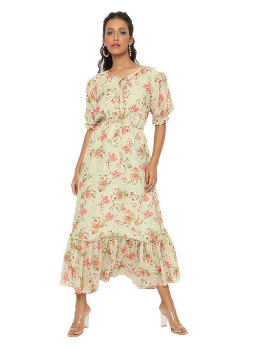 Avanova Georgette Pista Green Round Neck Maxi Western Dresses For Women (Dress 81 Pista Xl)