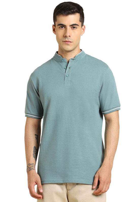Dennis Lingo MenS Cotton Sea Green Solid Stand Collar T-Shirt