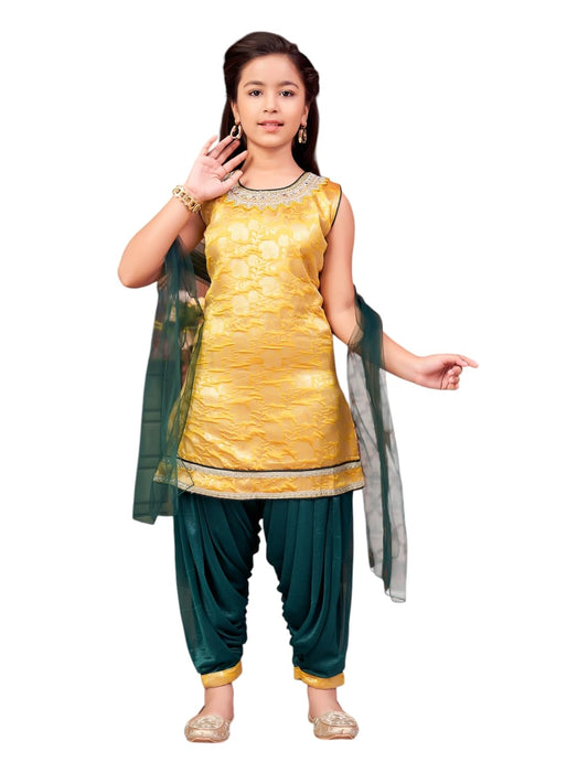 Aarika Girls Ethnic Wear Yellow-Green Colour Mirror Embroidery Brocade Kurti Patiala Set With Dupatta-5-13 Years (Pt-18138)