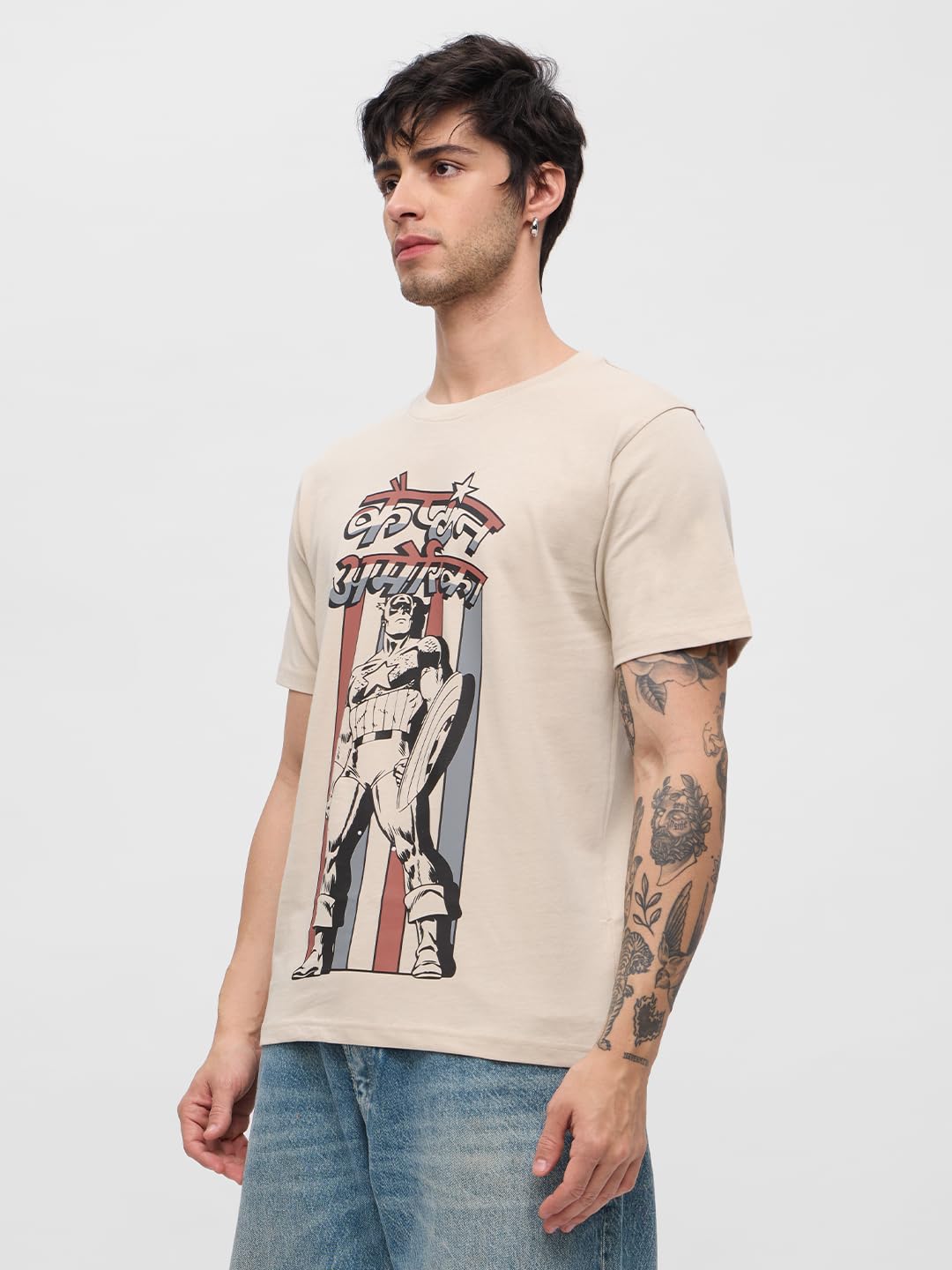 The Souled Store Captain America: Desi Vibe Men and Boys Short Sleeves Round Neck Beige Graphic Printed Regular Fit Cotton T-Shi