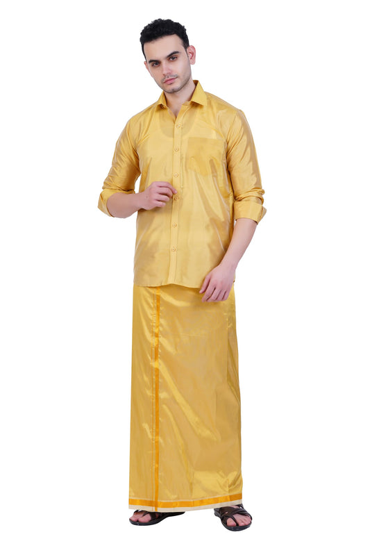 Prakasam Cotton-Mens Art Silk Wedding Set/Art Silk 8 Mulam (8-Yard) Dhoti And Stitched Half Sleeve Shirt