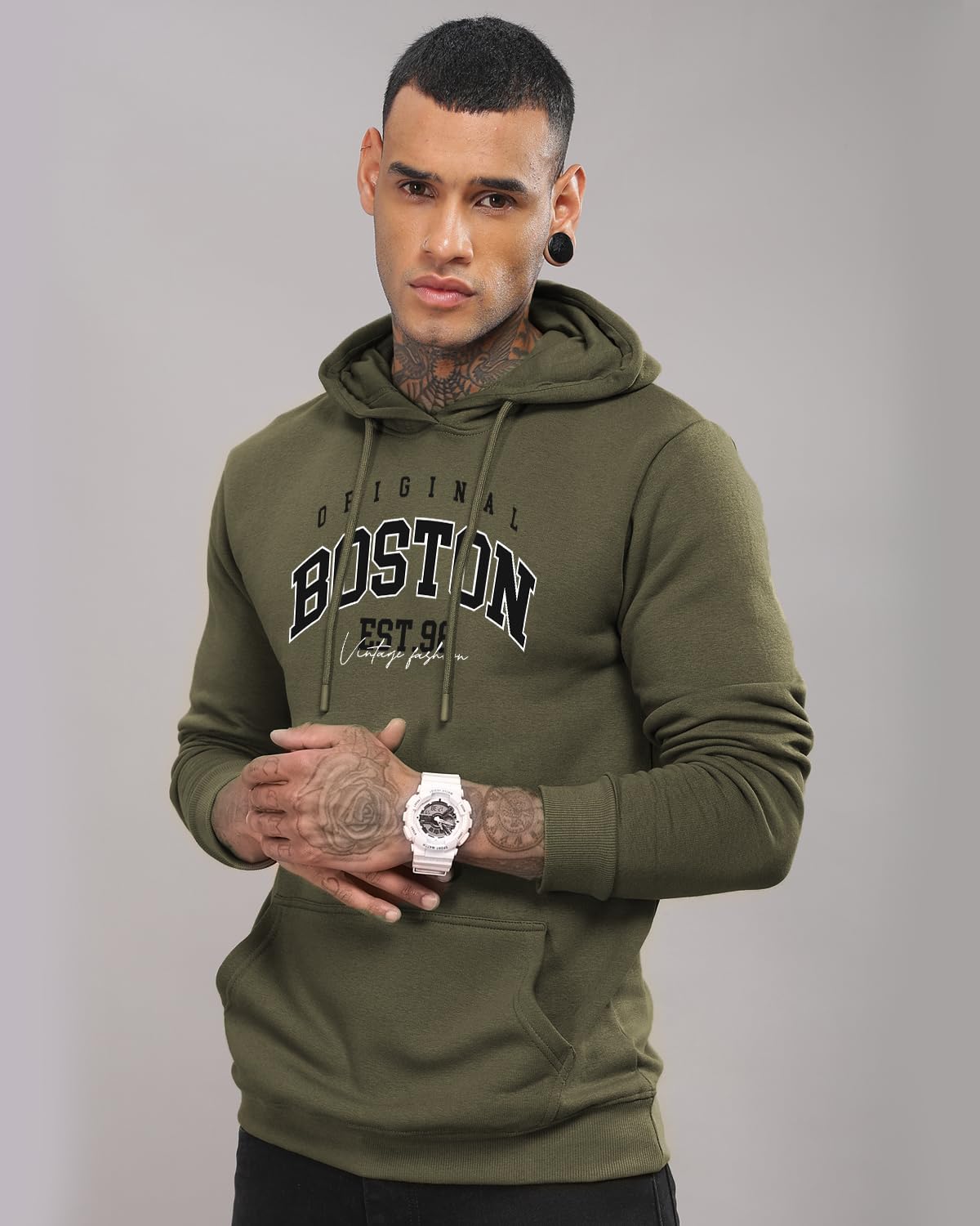 ADRO Men's Cotton Neck Hooded Sweatshirt (H24-BOST-OL_Olive