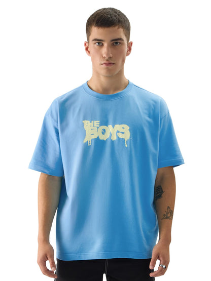 The Souled Store Official The Boys: Only Man in The Sky Short Sleeve Round Neck Blue Graphic Printed Cotton Oversized T-Shirts f