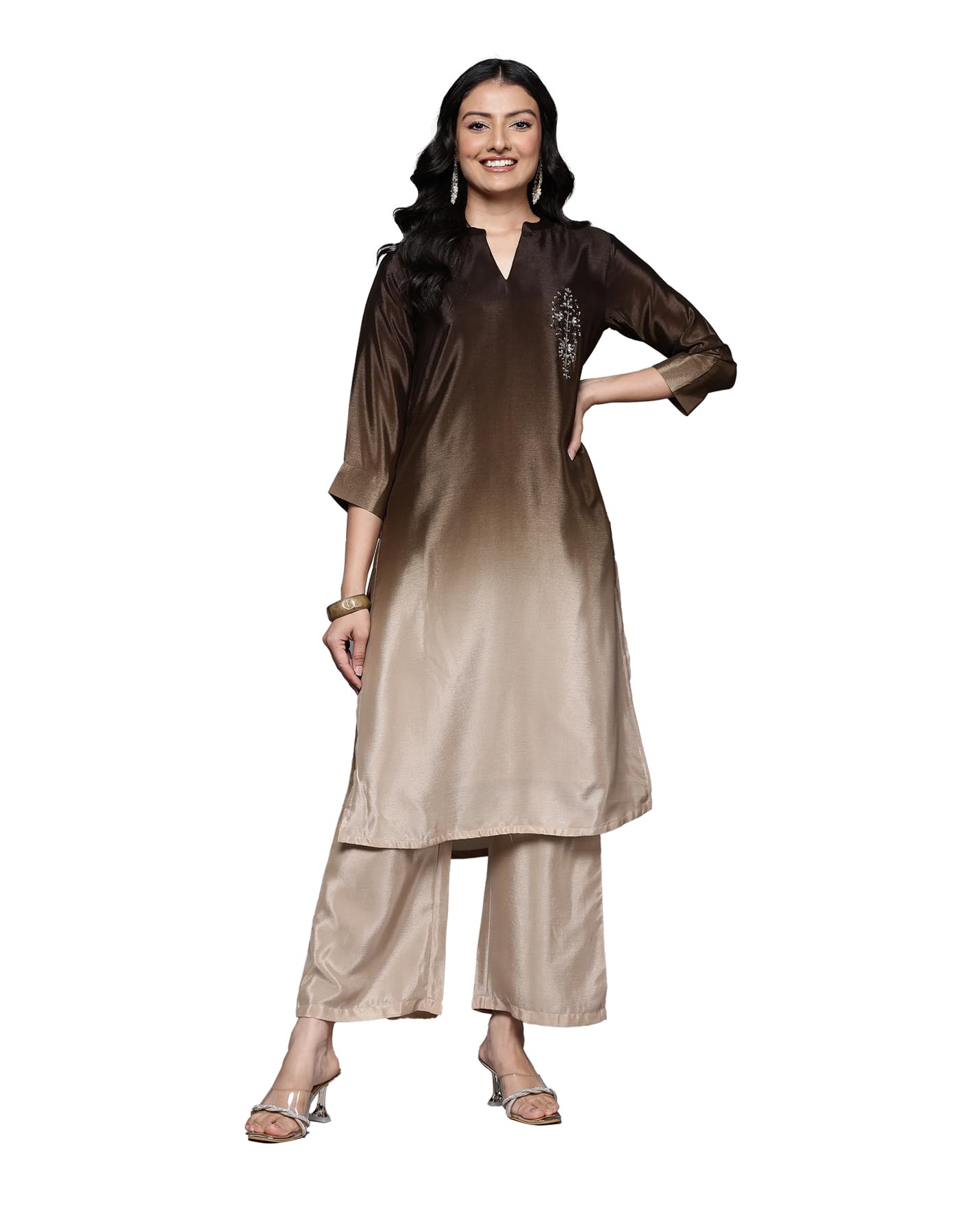 Varanga Women Embroidered Kurta Set With Tonal Bottom  Camel Brown, Sequins & Beads Embellished, Three-Quarter Sleeves, Stylish