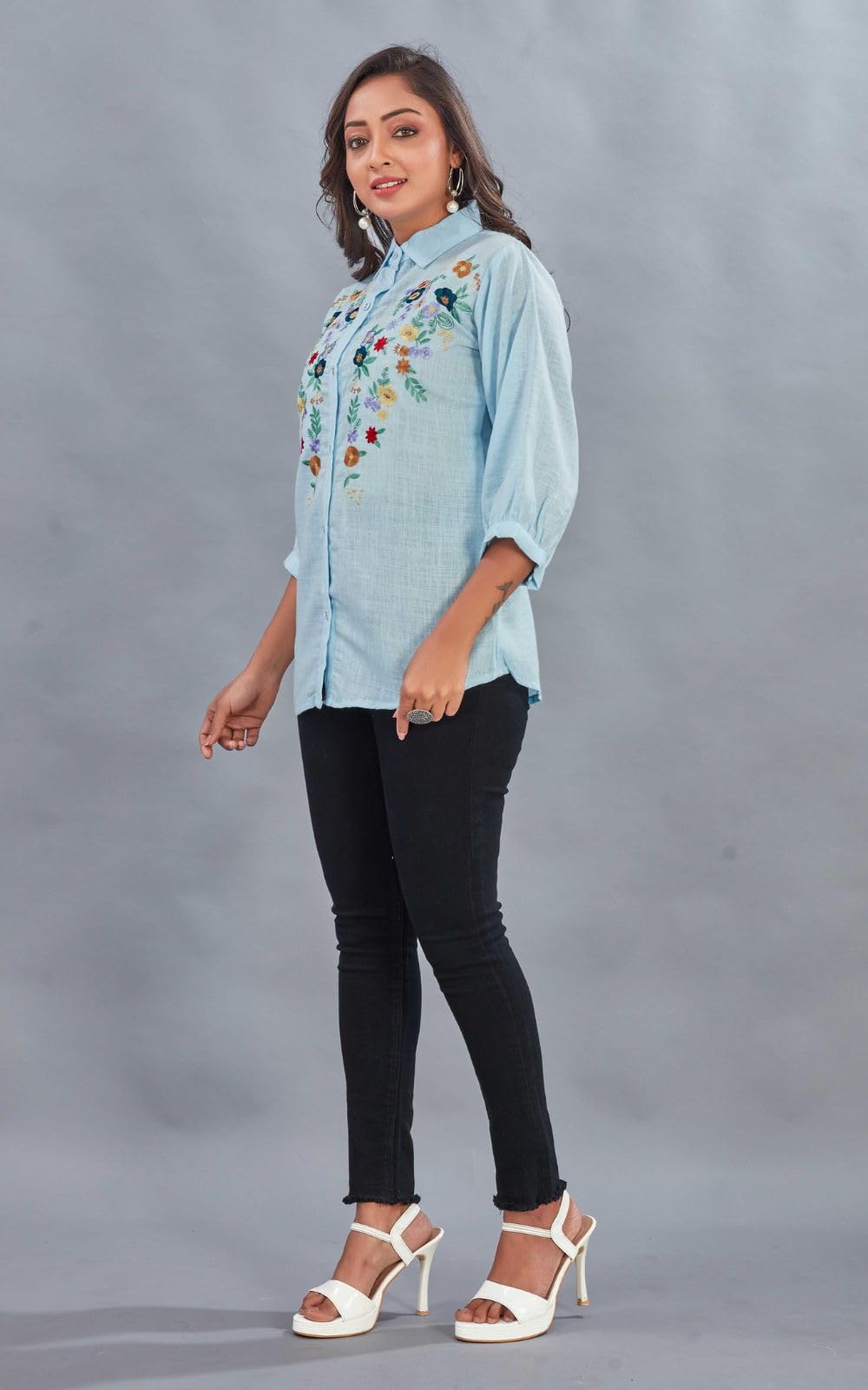 Kesudi WomenS Linen Floral Embroidered Tunic Top With Spread Collared Full Sleeves Short Length And Button Closure | An-Rose-Sk
