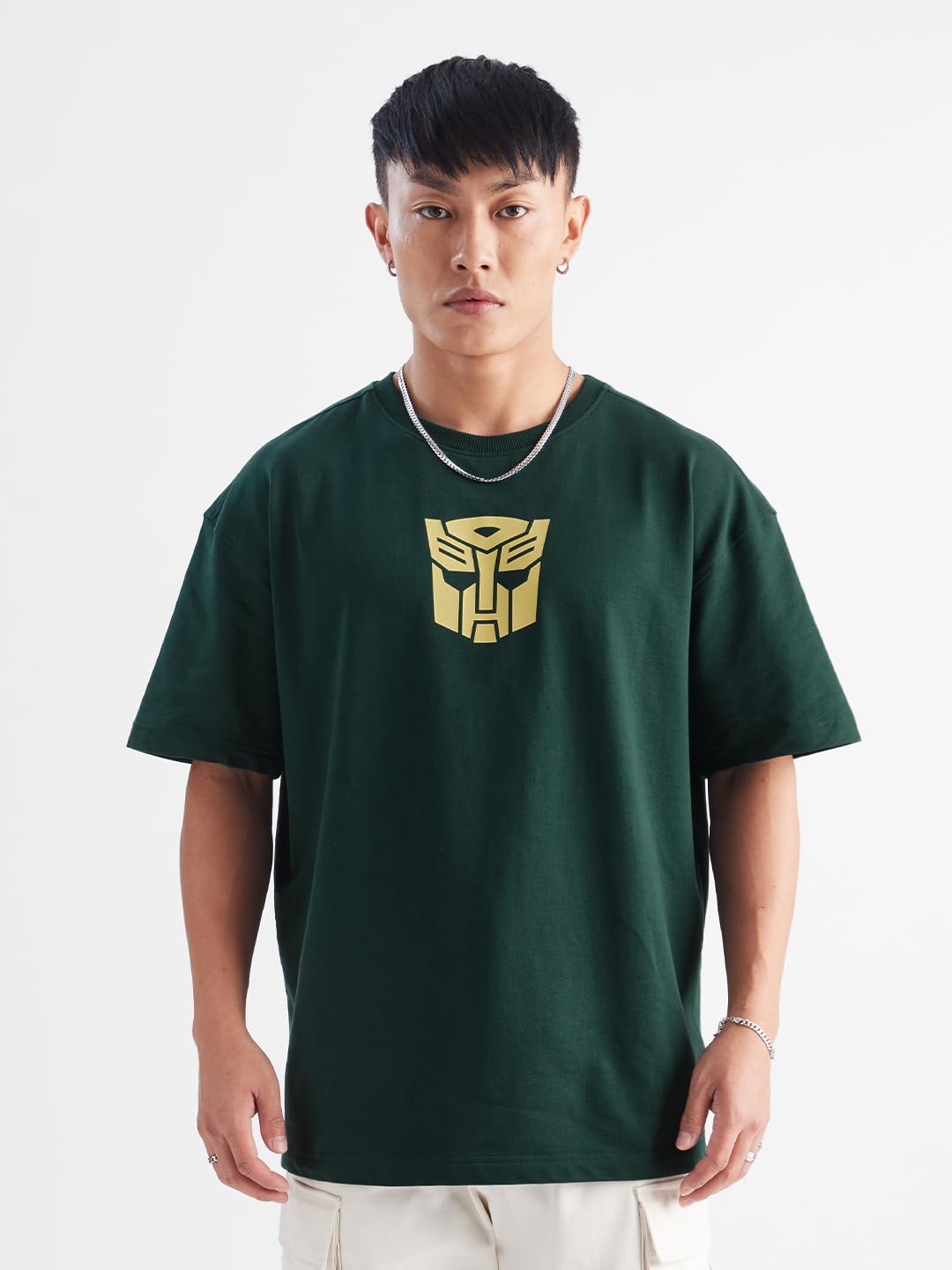 The Souled Store Transformers: Bumblebee Mens & Boys Oversized Fit Graphic Printed Half Sleeve Cotton Green Oversized T-Shirts M