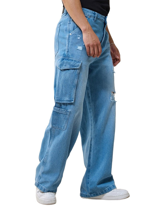 Bewakoof Mens Mid Rise Solid Straight Fit Cotton Baggy Distressed Jeans_624691_Blue_32