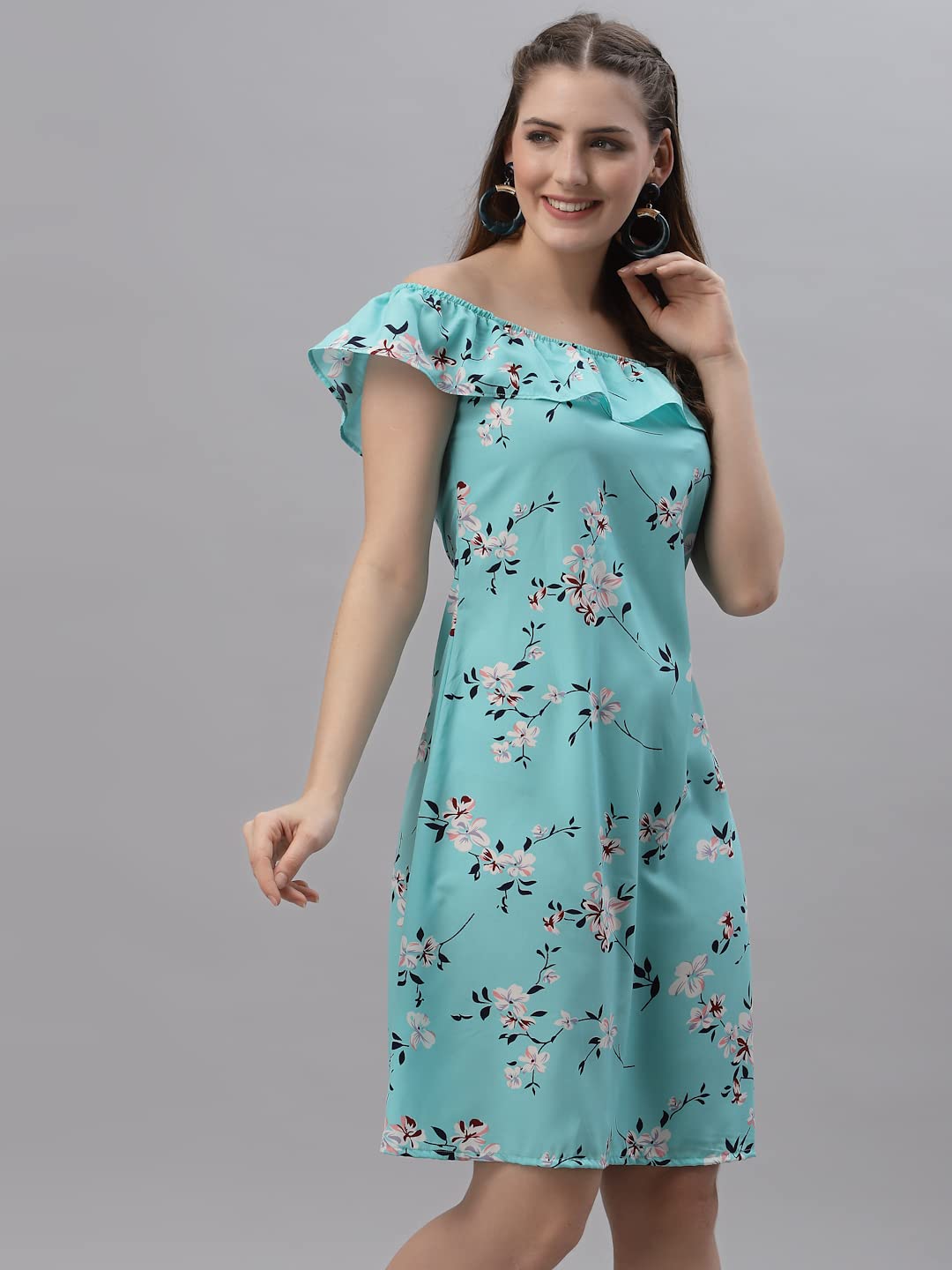 Oomph! WomenS Western & Fusion Wear Mini/Short A-Line Light Green Dress In Crepe Fabric With Off Shoulder And Off Shoulder Slee