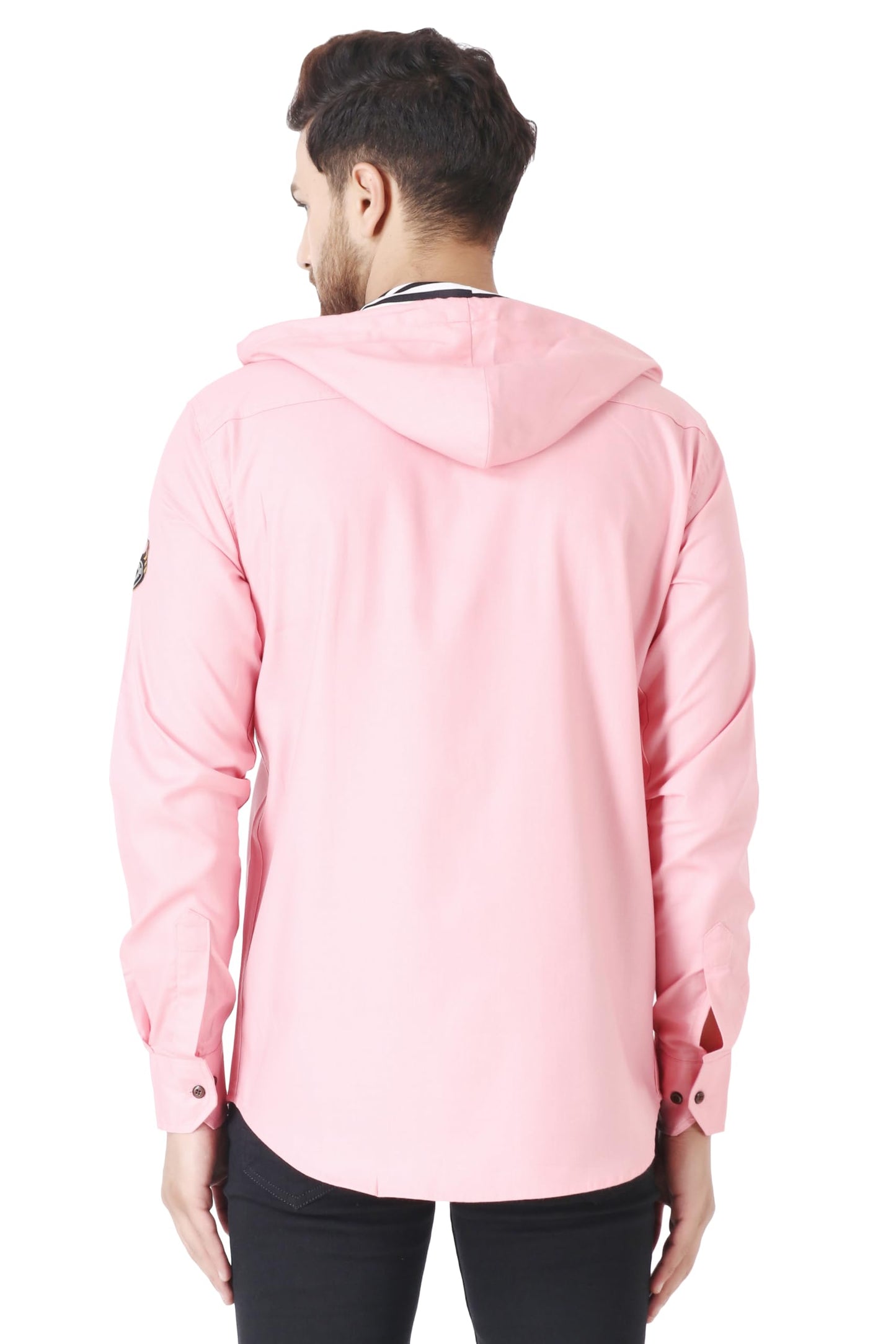 Besix MenS Pink Tailored Fit Cotton Blend Shirt For Man With Hoodie - Casual Long Sleeve Shirt With Pockets - Patch Detail For