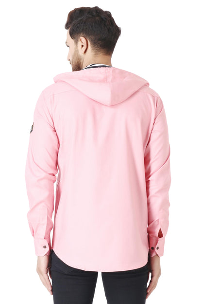 Besix MenS Pink Tailored Fit Cotton Blend Shirt For Man With Hoodie - Casual Long Sleeve Shirt With Pockets - Patch Detail For