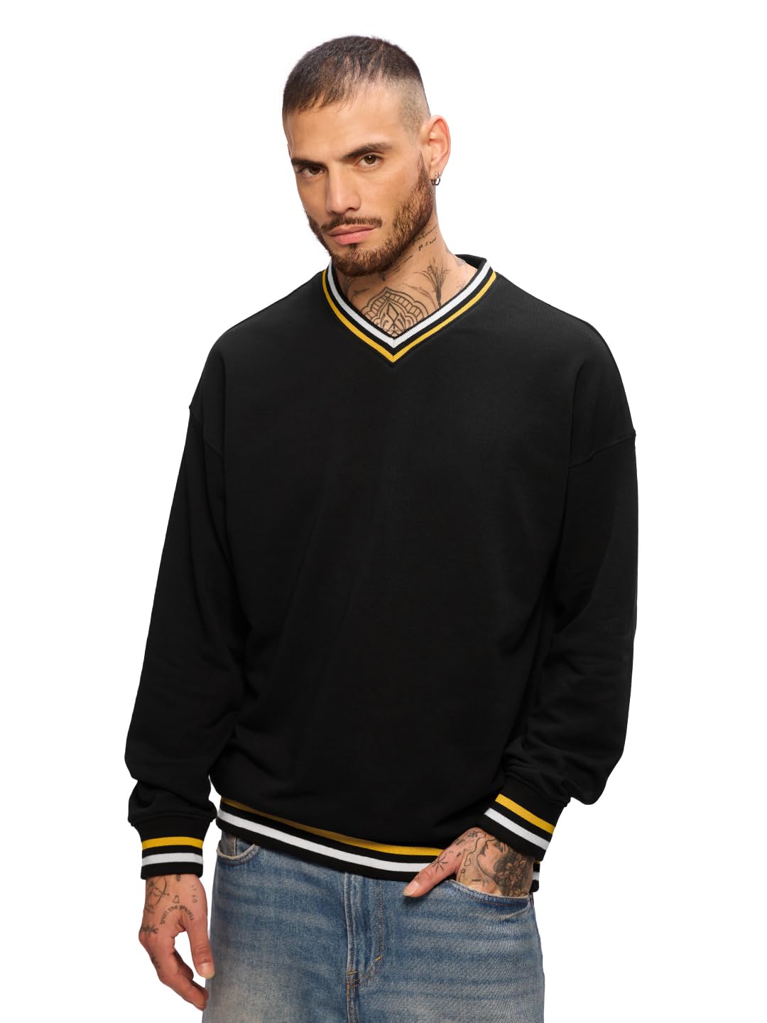 The Souled Store Originals : Tawny Men and Boys Long Sleeves V Neck Cotton Blend Oversized Sweatshirts
