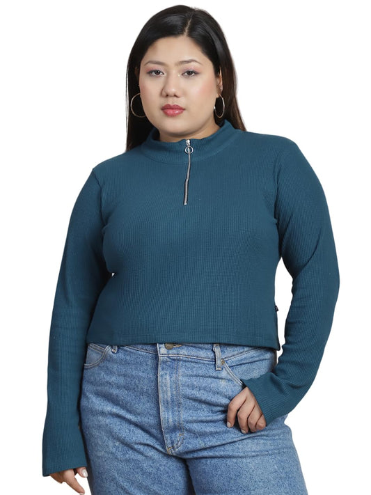 Rigo Womens Waffle High Neck Top (WTOP355-1395PLS_Teal Green