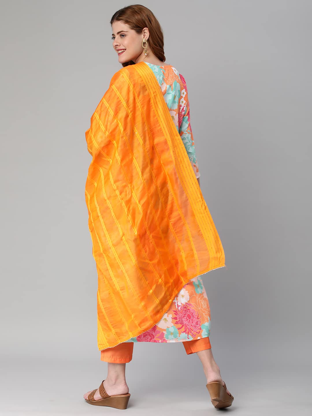 ANNI DESIGNER Women's Cotton Blend Embroidered Floral Printed Straight Kurta with Pant & Dupatta (Litup-Orange-Nw2)
