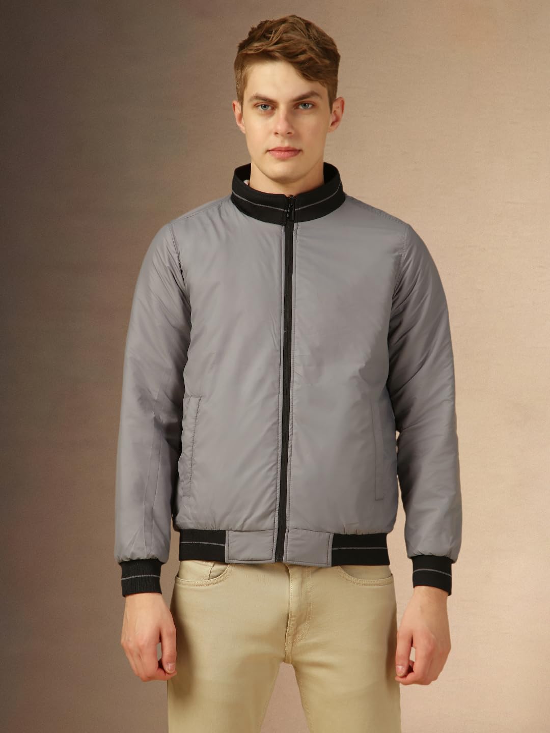 Dennis Lingo Men Grey Solid Regular Fit Full Sleeve Mock Collar Padded Jacket