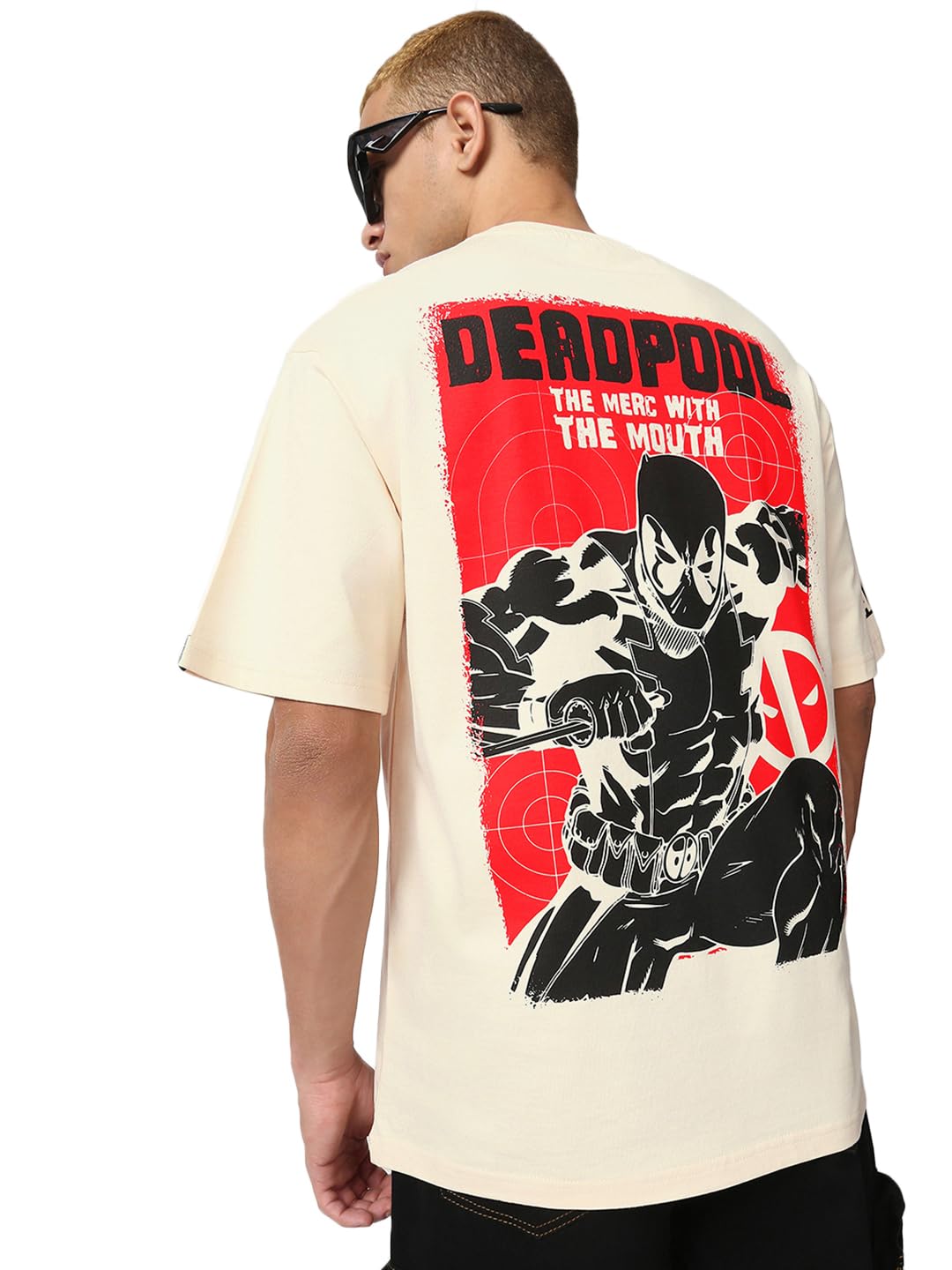 Bewakoof Official Marvel Merchandise Deadpool Mens Graphic Print Oversized Fit Half Sleeve Round Neck Pure Cotton T-Shirt_66642