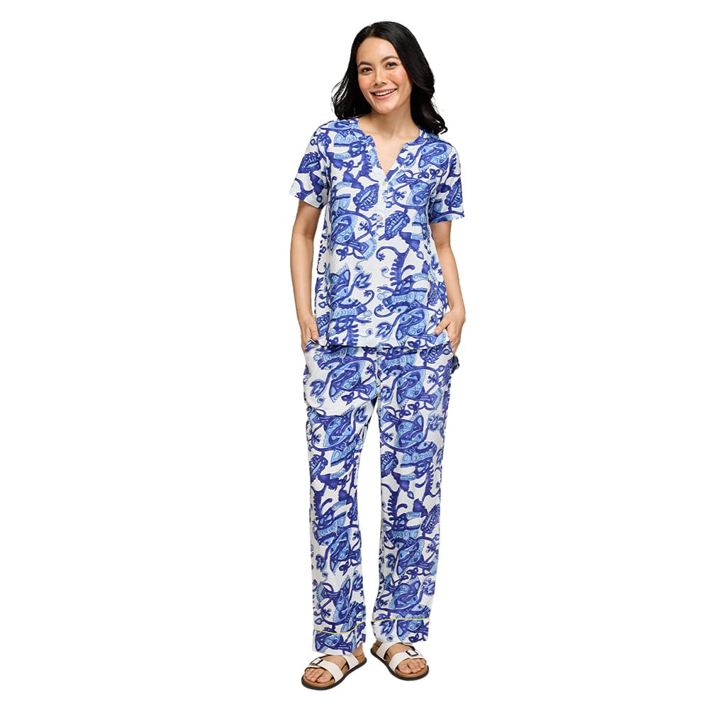 NYKD (NYS933 Printed Rayon Coords Night Suit for Women | Relaxed Fit V Neck Top with Non Slip Adjustable Waistband Pyjama Pants
