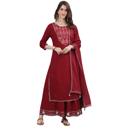 ishin Women's Pure Cotton Embroidered Gotta Patti Maroon Ethnic Motifs Print A-Line Kurta suit set With Dupatta & Sharara
