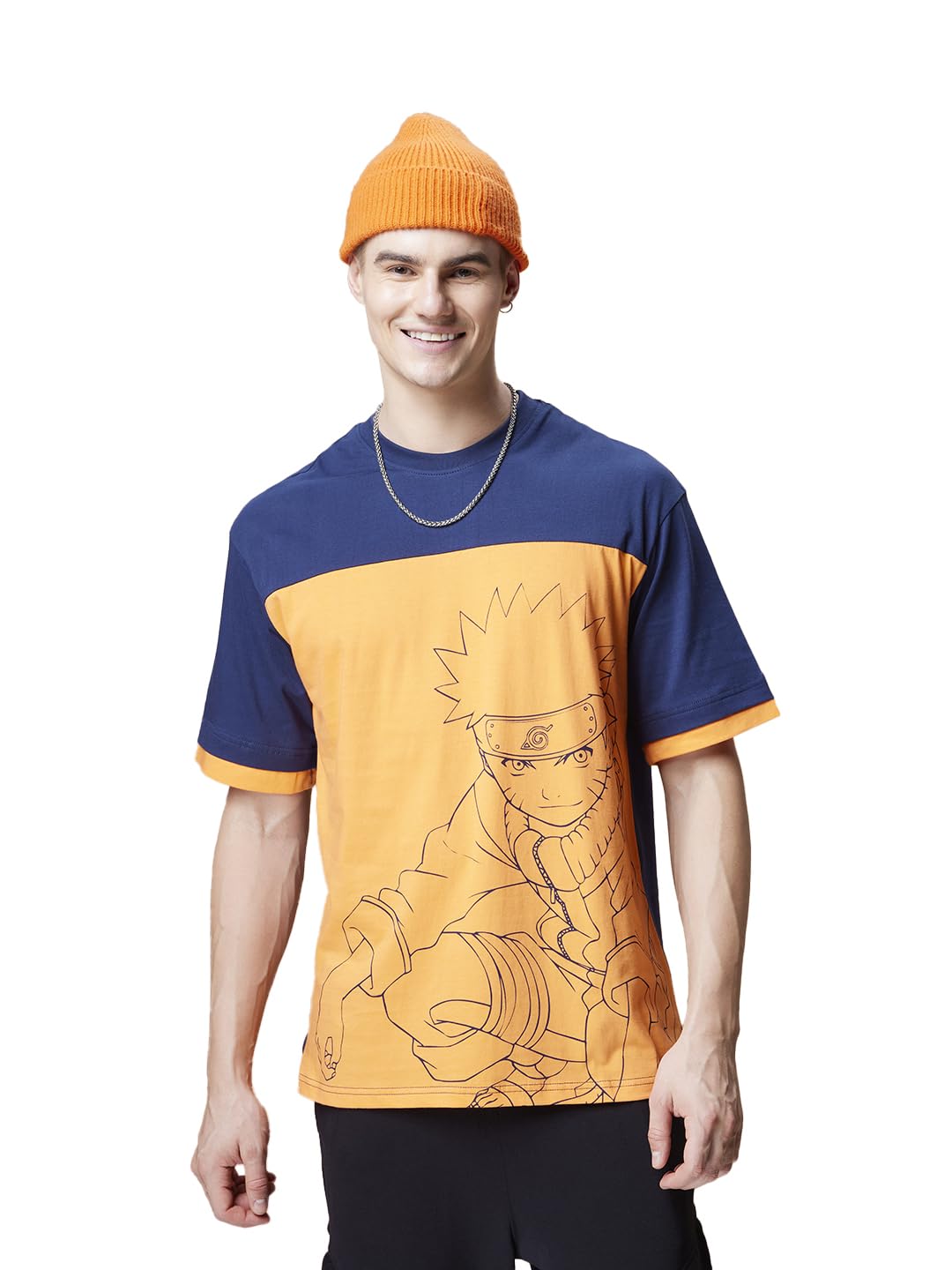 Bewakoof Mens Cotton Official Naruto Merchandise Graphic Printed Oversized T-Shirt_603170_Blue_M