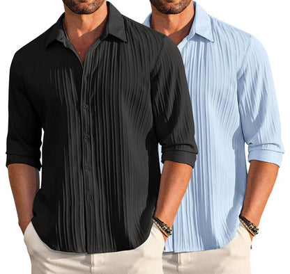 Deelmo Combo Of MenS Casual Button Down Shirts Long Sleeve Linen Shirt Fashion Textured Summer Shirts Pack Of 2 Black - Sky Blu