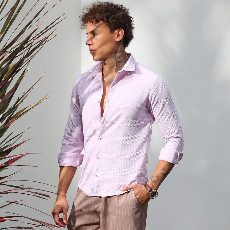 Campus Sutra Mens Lilac Chevron-Textured Shirt | Casual Wear | Spread Collar | Long Sleeve | Button Closure | Shirt Crafted wit