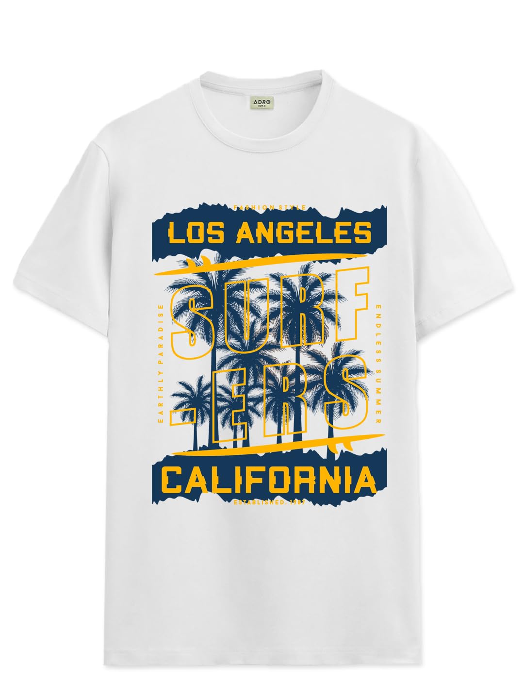 ADRO LA Surfers California Printed T-Shirt for Men - 100% Cotton, Regular Fit, Soft Breathable Fabric. (RN23-M-SRF-WH_White)