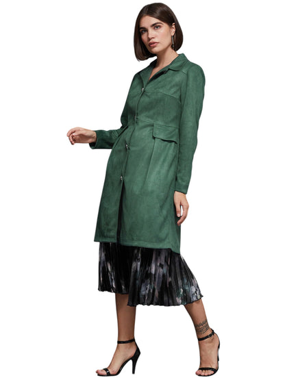 Miss Chase Womens Shirt Collar Full-Sleeve Knee-Long Jacket (MCAW24JKT99-52-290-04, Dark Sage, M)