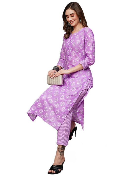 GoSriKi Women's Cotton Blend Printed Straight Kurta with Pant (KIDYA Purple-NW-GS)