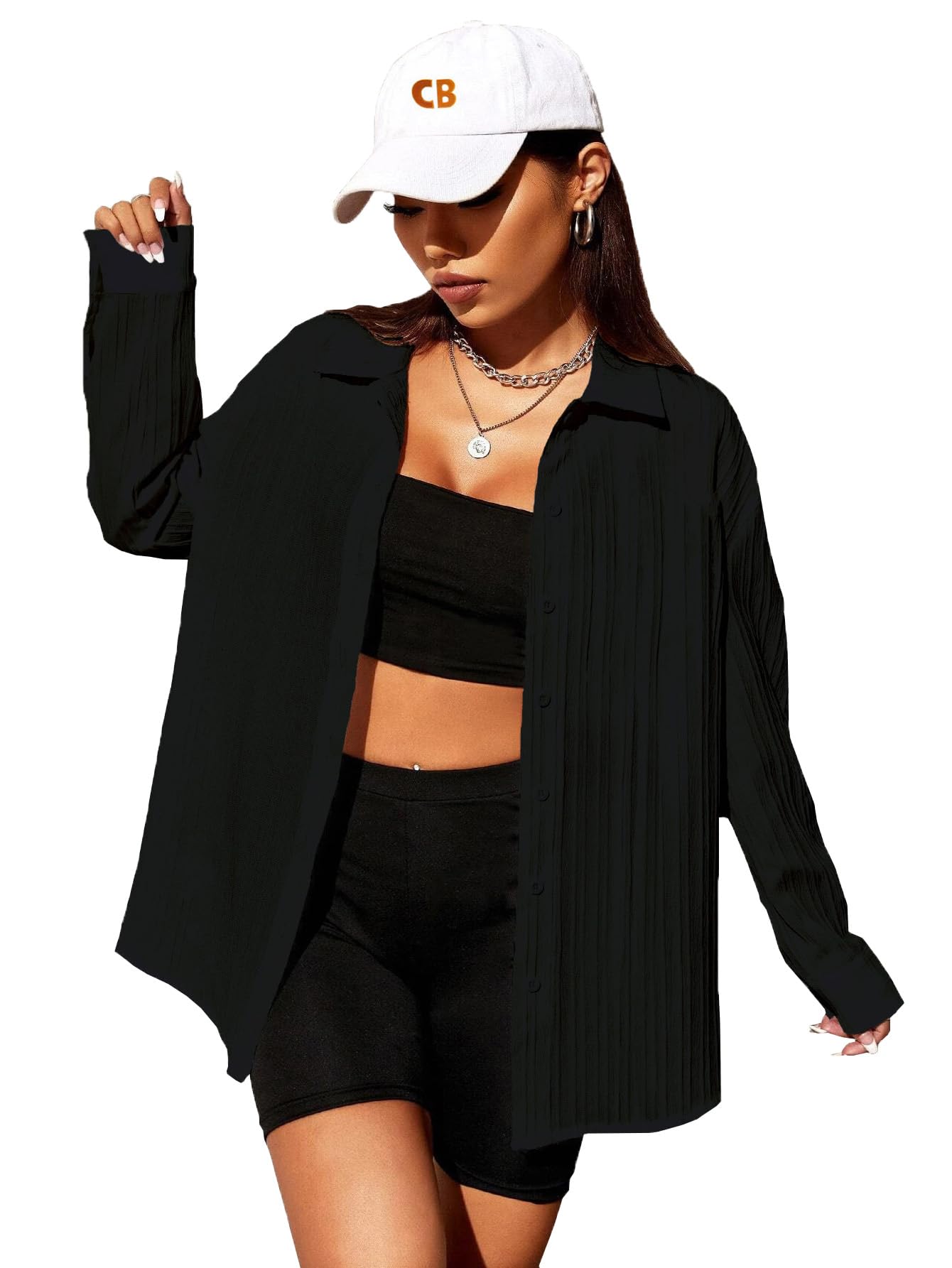 CB-COLEBROOK Womens Textured Loose Fit Button Down Shirt (WO-1035_Black