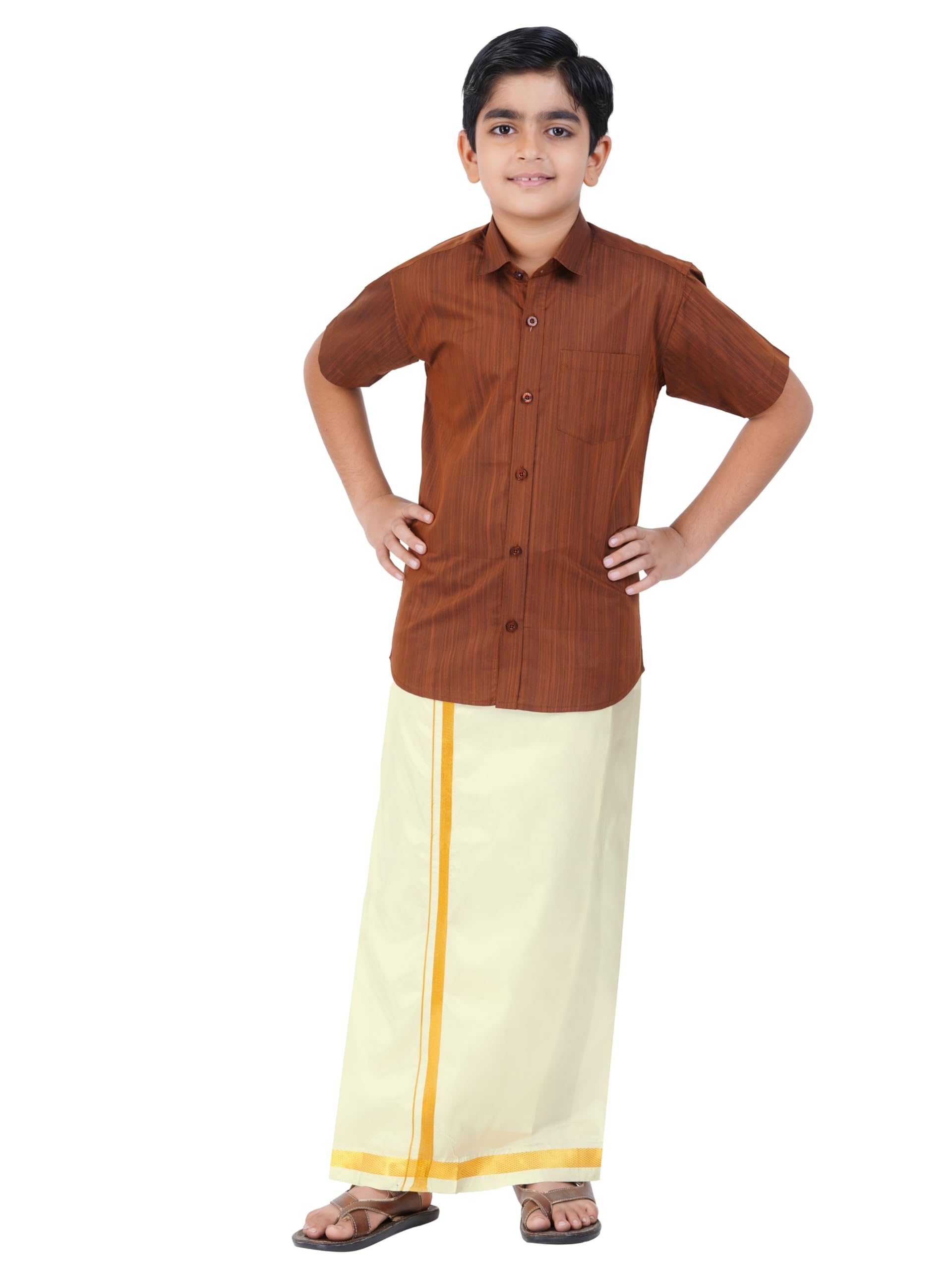 Boys Cotton Half Sleeve Self Design Shirt With Stitched Art Silk Dhoti for boys (Madriyad-Maroon)