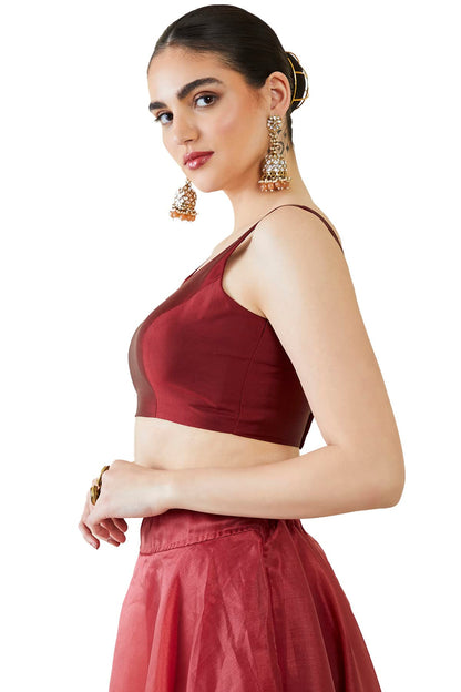 Soch Womens Maroon Taffeta Solid Sleeveless Padded Blouse