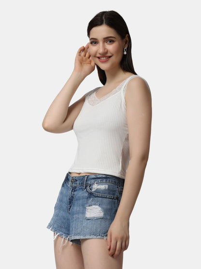 POPWINGS Casual Solid Self Design Ribbed Lace Work Crop Top for Women || Sleeveless Crop Top for Women || Sweetheart Neck Women