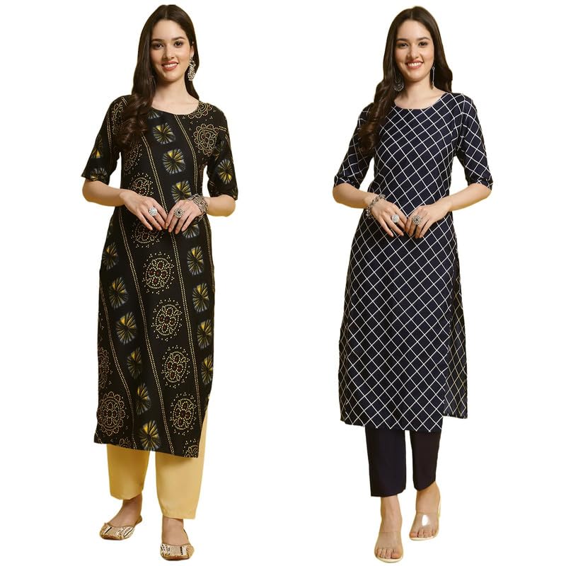 Pinkmint Kurta & Pant Set Ll Printed Kurti Ll Combo Kurta Set Ll (Pack Of 2) Black-Blue