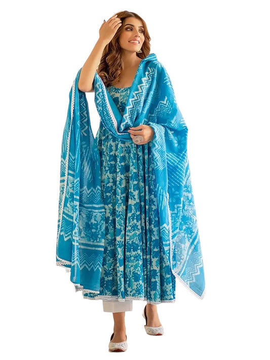 Tee Projekt WomenS Cotton Blend Floral Printed Anarkali Kurta Pant With Dupatta Set Ll Round Neck Ll Blue Kurta Set