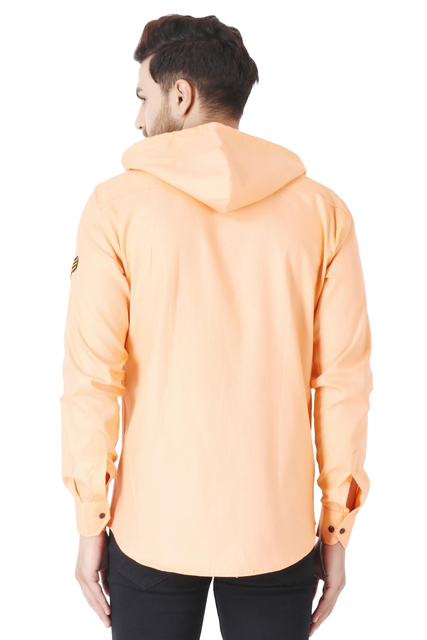 Besix MenS Orange Tailored Fit Cotton Blend Shirt For Man With Hoodie - Casual Long Sleeve Shirt With Pockets - Patch Detail Fo
