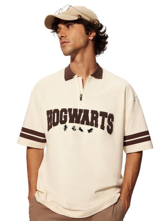 The Souled Store Official Harry Potter: Hogwarts Men and Boys Short Sleeves Collared Neck Embroidered Cotton Oversized Zipper Po