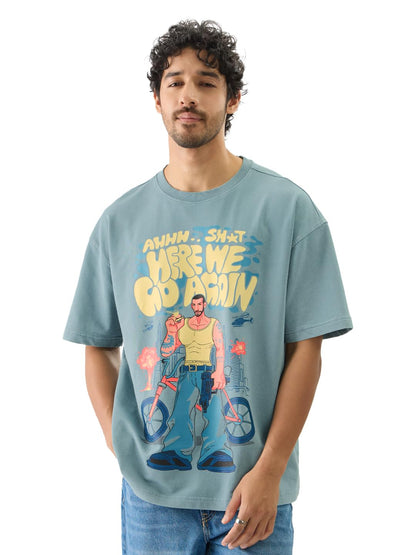 The Souled Store Here We Go Again Short Sleeve Round Neck Green Graphic Printed Cotton Oversized T-Shirts for Men and Boys- Tren
