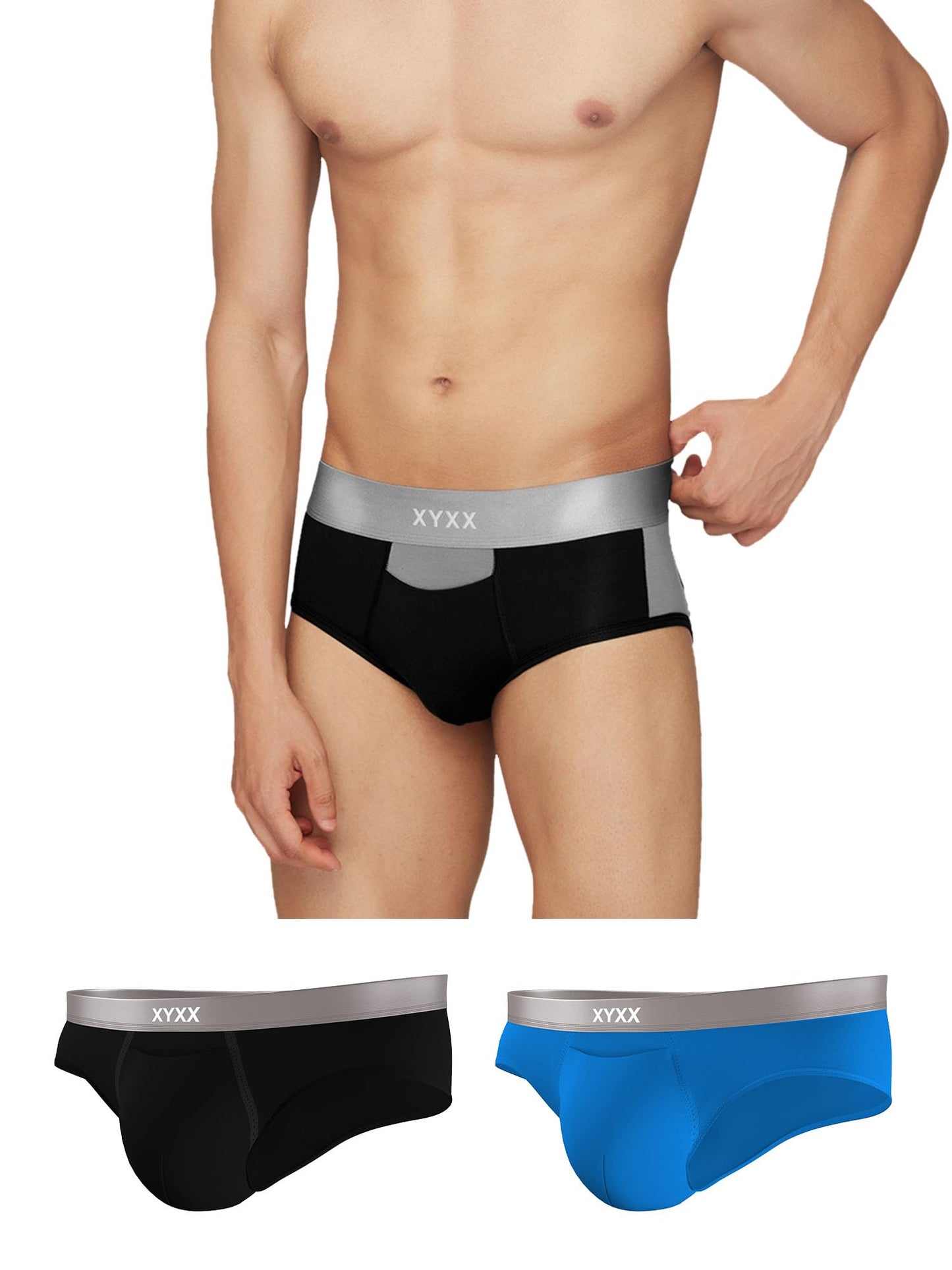 XYXX Mens Underwear Illuminati IntelliSoft Antimicrobial Micro Modal Brief Pack of 3 (Black & Steel Grey ; Brilliant Blue ; Bla