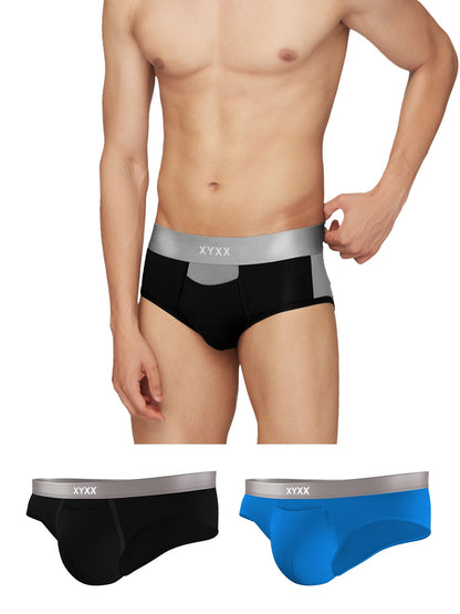 XYXX Mens Underwear Illuminati IntelliSoft Antimicrobial Micro Modal Brief Pack of 3 (Black & Steel Grey ; Brilliant Blue ; Bla