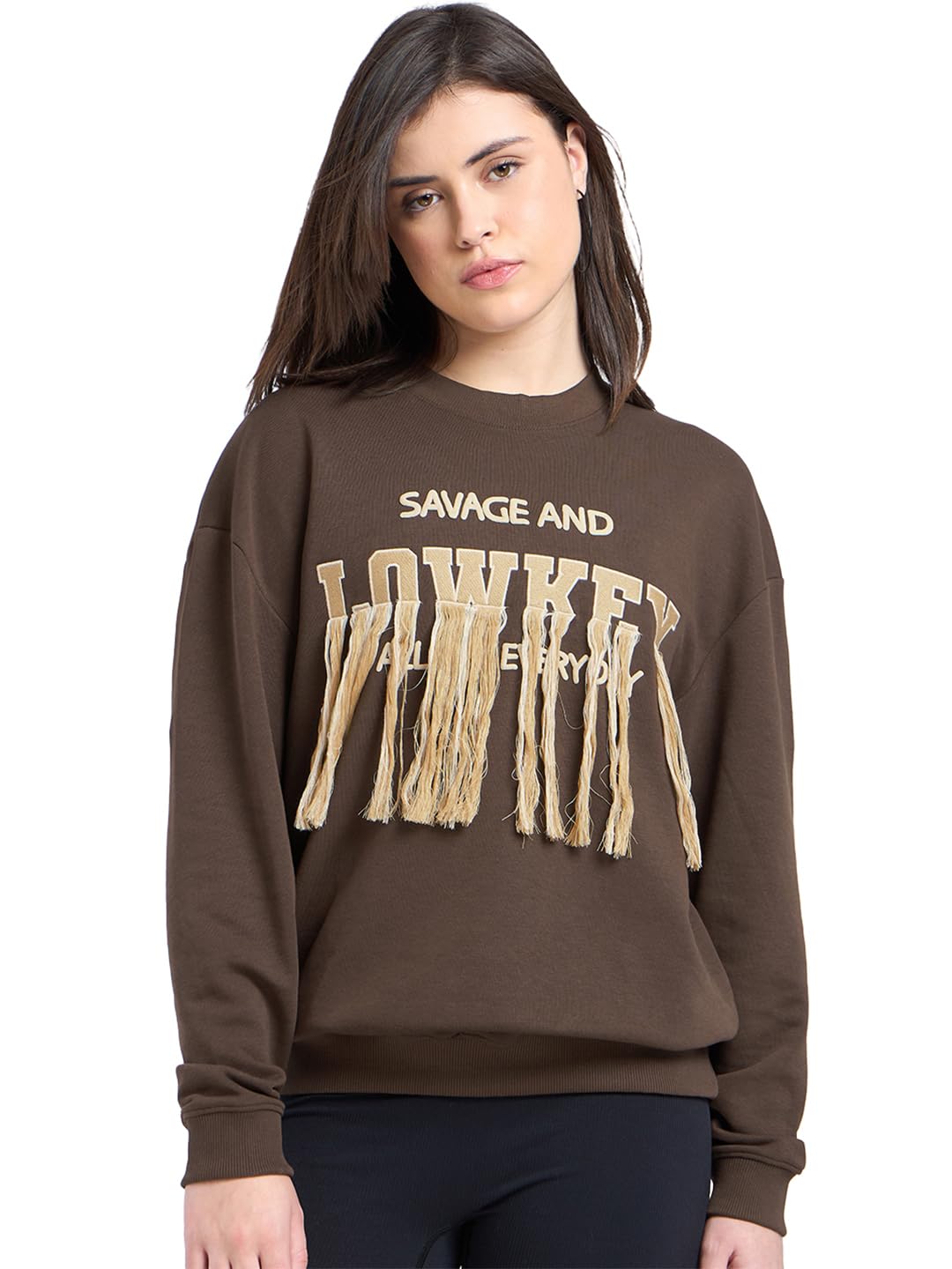 Bewakoof Womens Embroidered Oversized Fit Full Sleeve Round Neck Cotton Blend Sweatshirt_682781_Brown_L