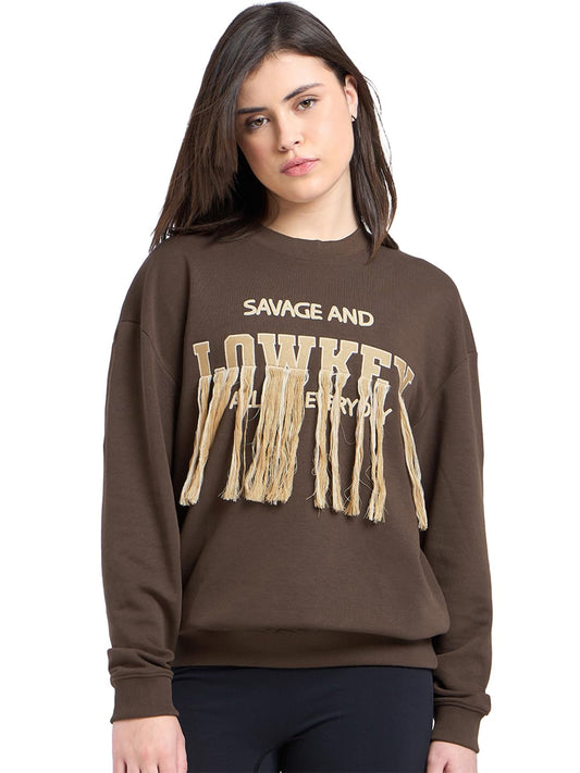 Bewakoof Womens Embroidered Oversized Fit Full Sleeve Round Neck Cotton Blend Sweatshirt_682781_Brown_L